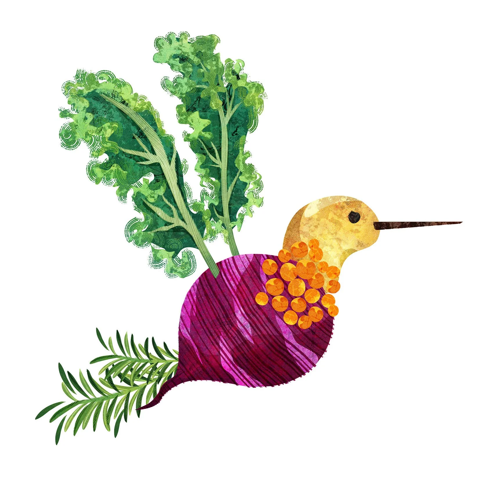 An illustrated logo of a bird made out of different vegetables created for Gosh! Food.