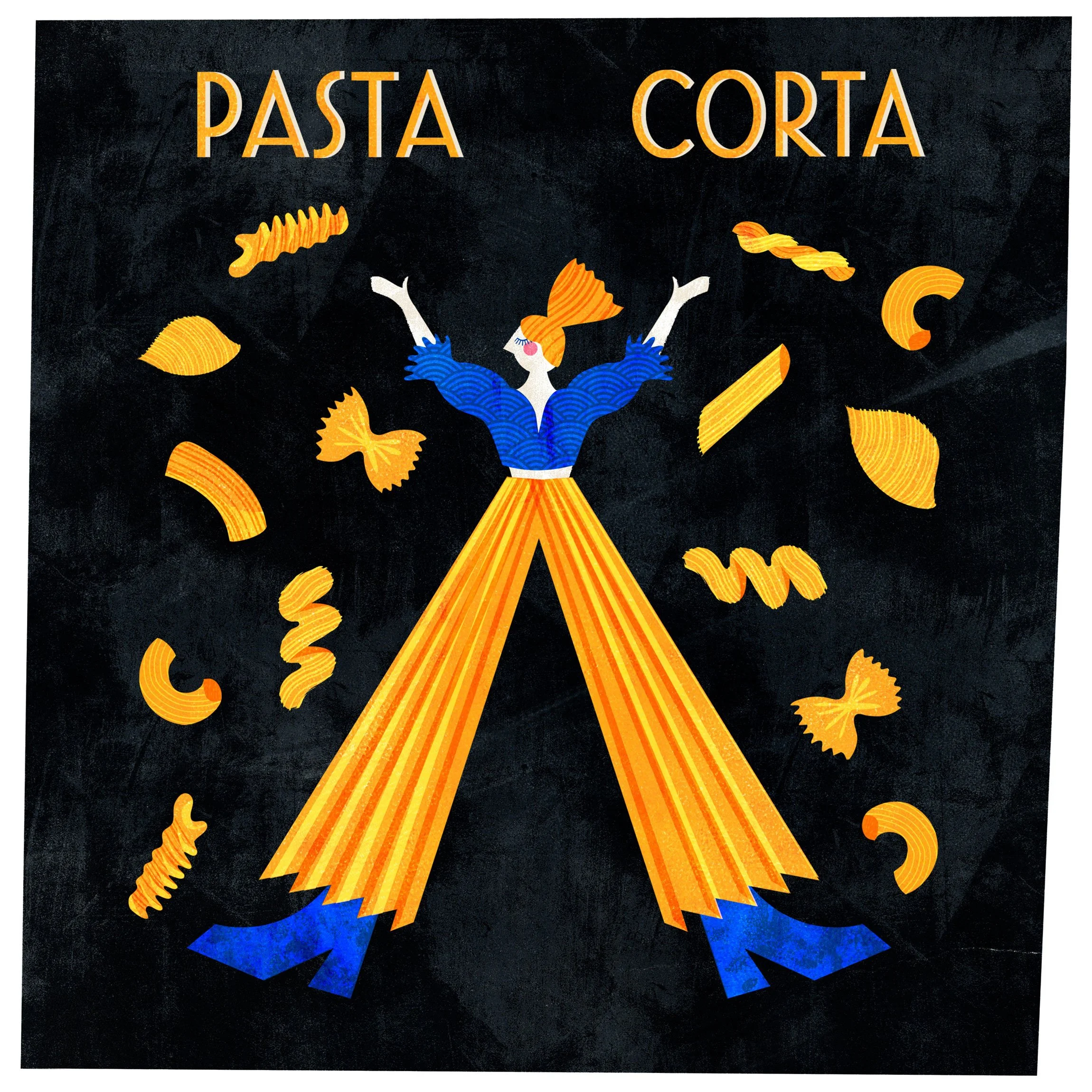 A mid-century style illustration of a girl with long legs surrounded by falling pasta shapes, with the text 'Patsa Corta'