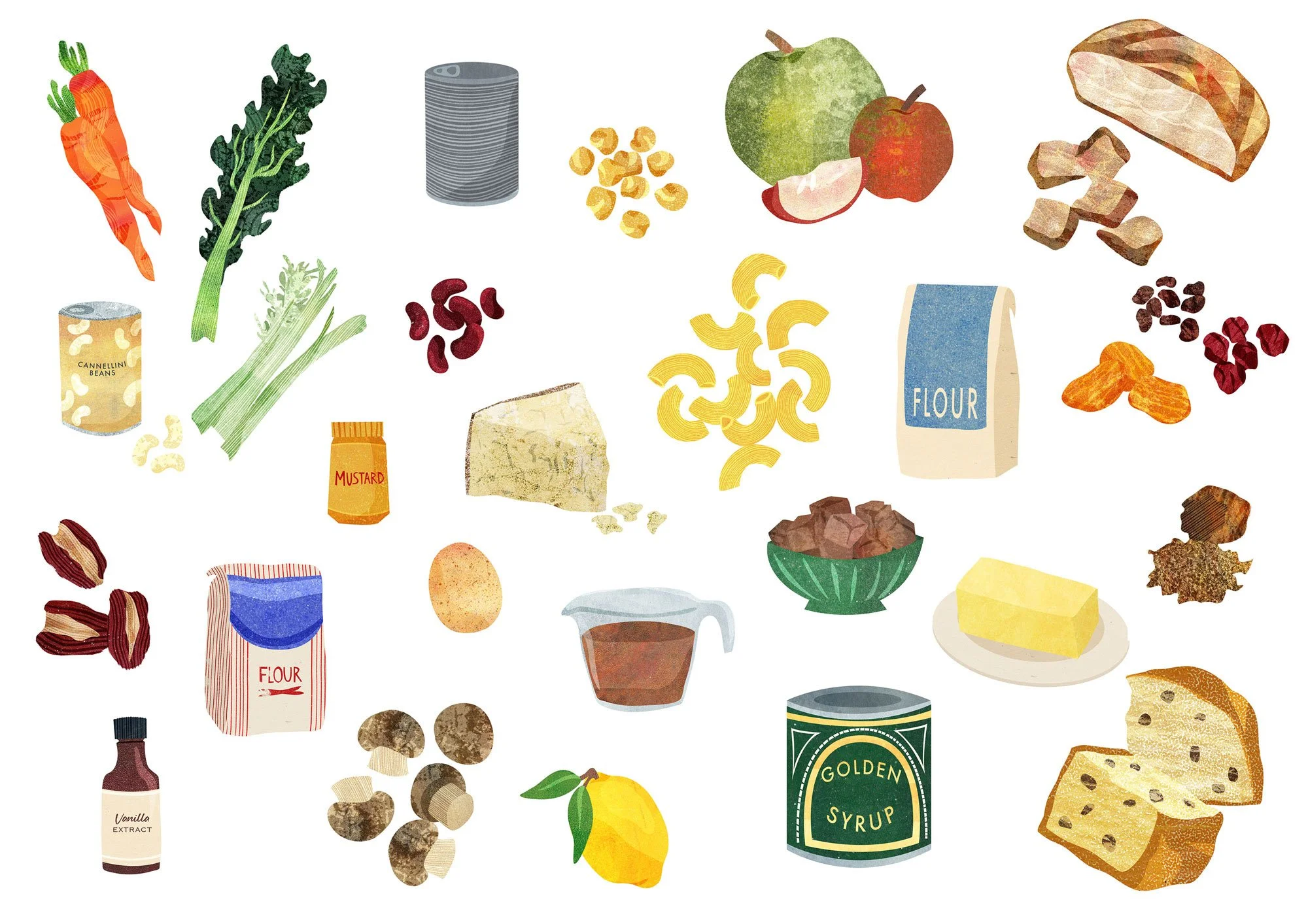 A selection of spot illustrations of ingredients for recipe book ‘Cosy Cooking’ by National Trust, published by Harper Collins.
