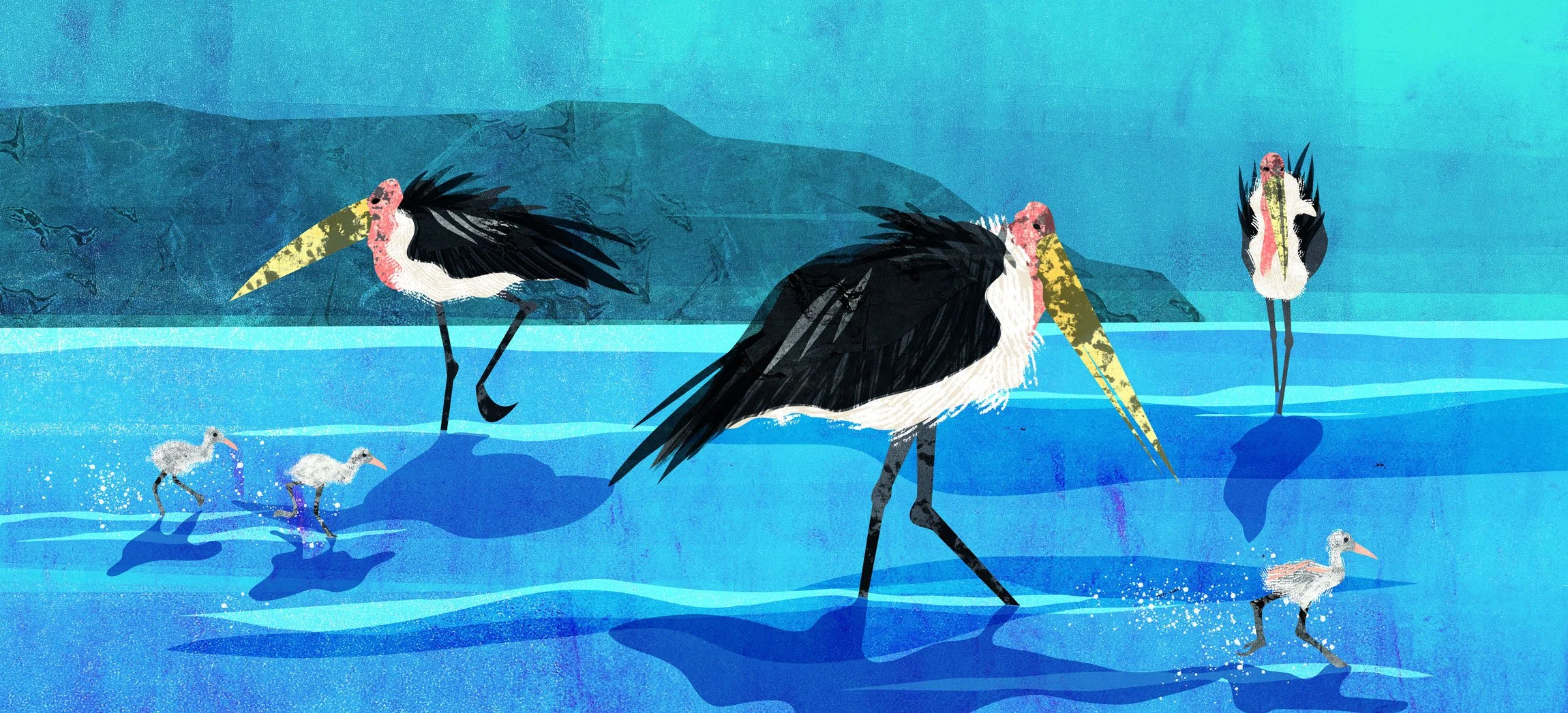 Scary giant marabou storks hunting flamingo chicks in Tanzania lake