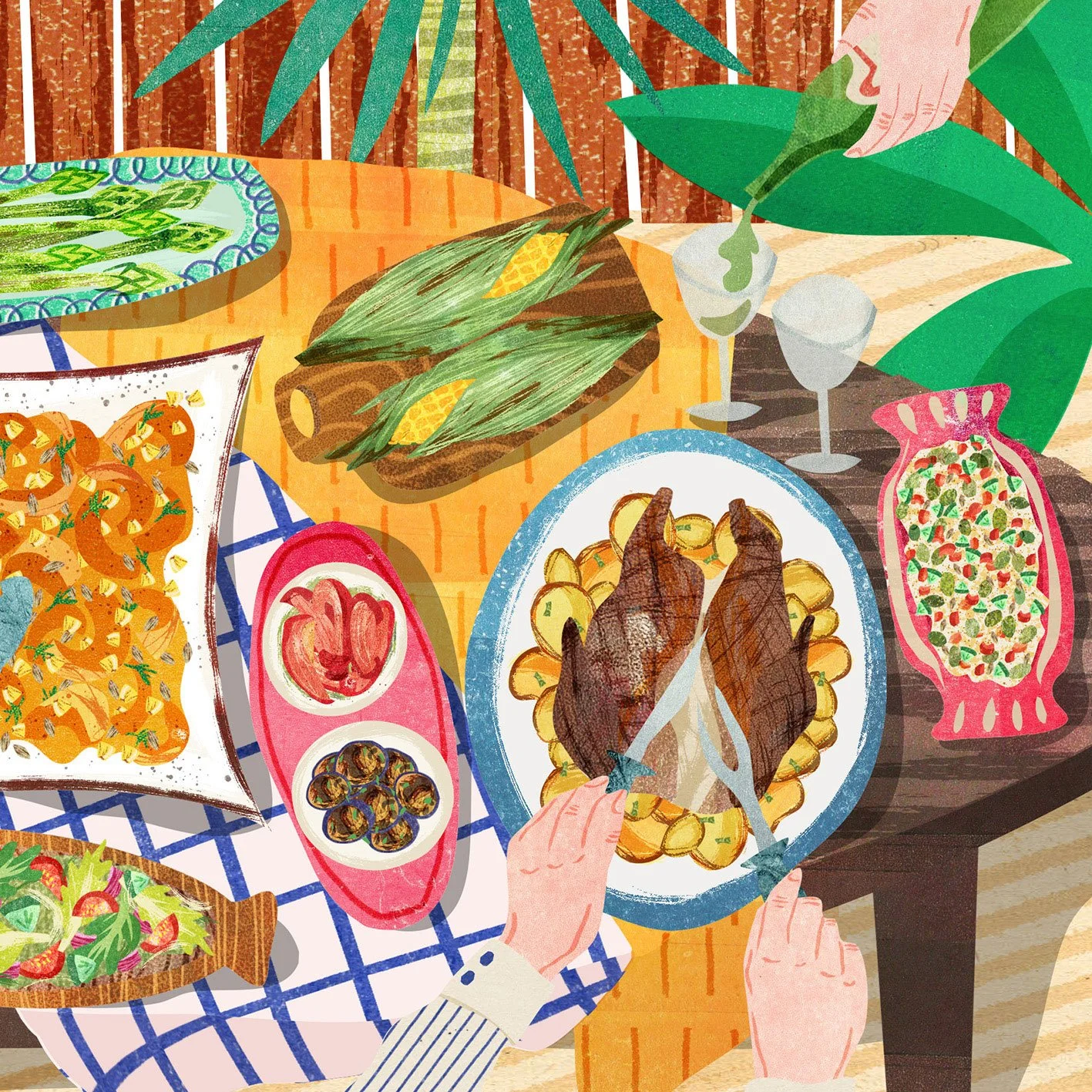 Illustrated BBQ scene showing a variety of dishes with hands carving some chicken and pouring wine