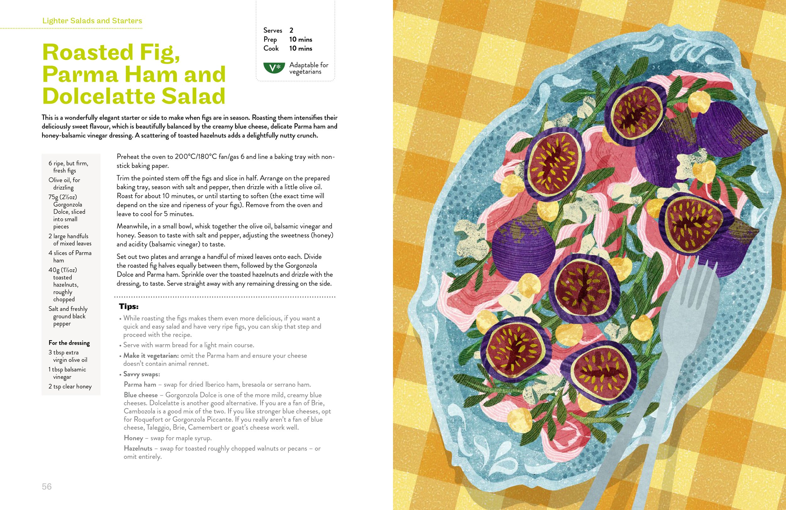 Illustration of a salad with sliced figs, purple cheese, mixed greens, and yellow toppings on a clear glass plate, set against a yellow checkered background.