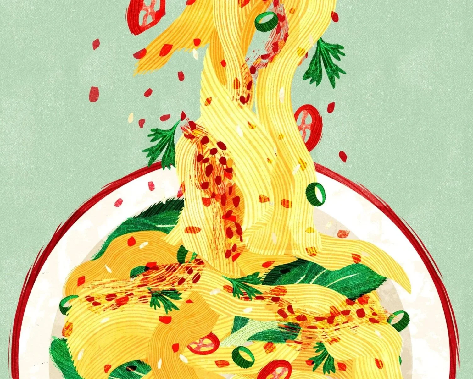 Close up of an illustration of a bowl of biang biang noodles, with falling asian vegetables and chilloi.