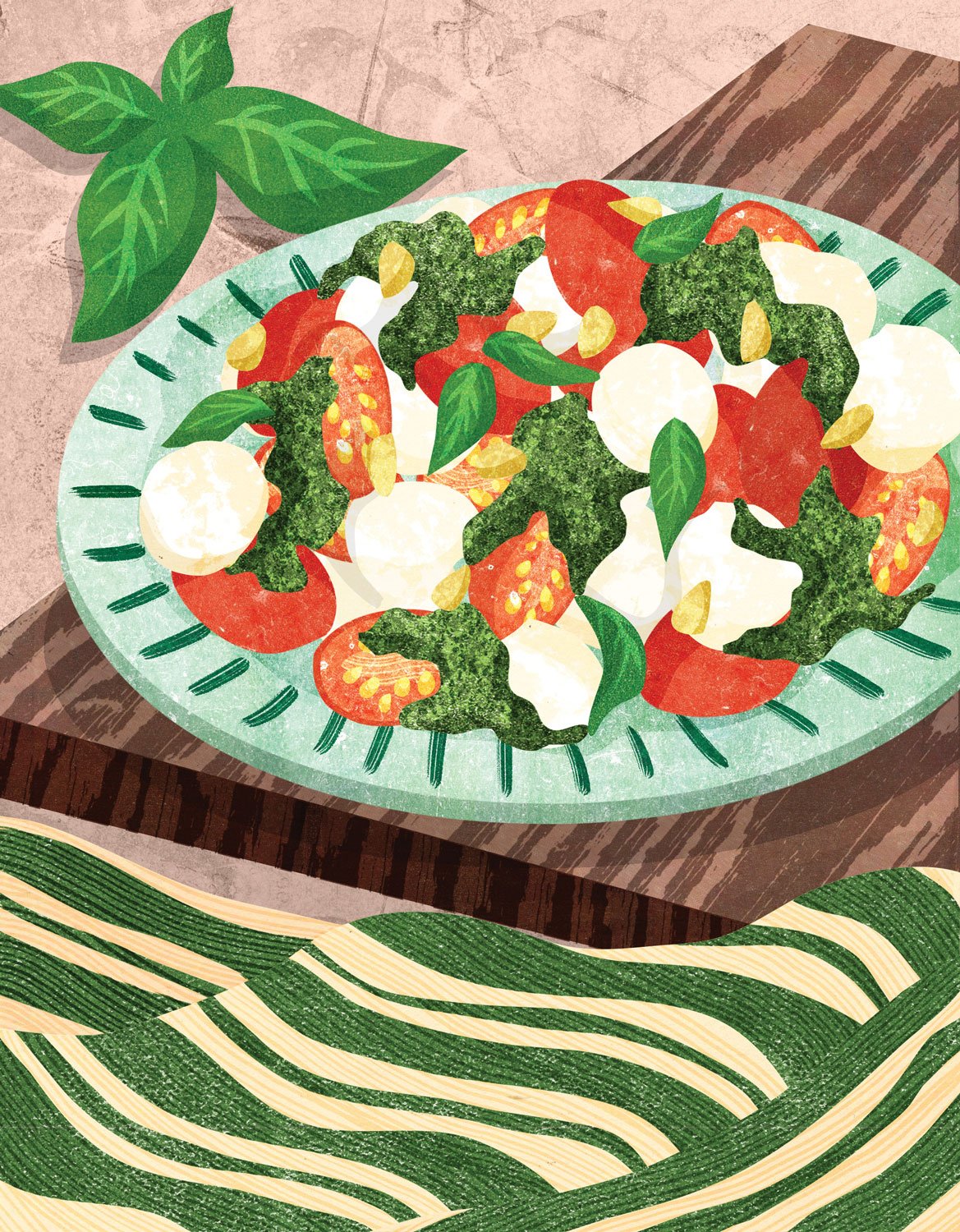 Illustration of a tomato and mozzarella salad with basil leaves on a decorative plate, placed on a wooden table.