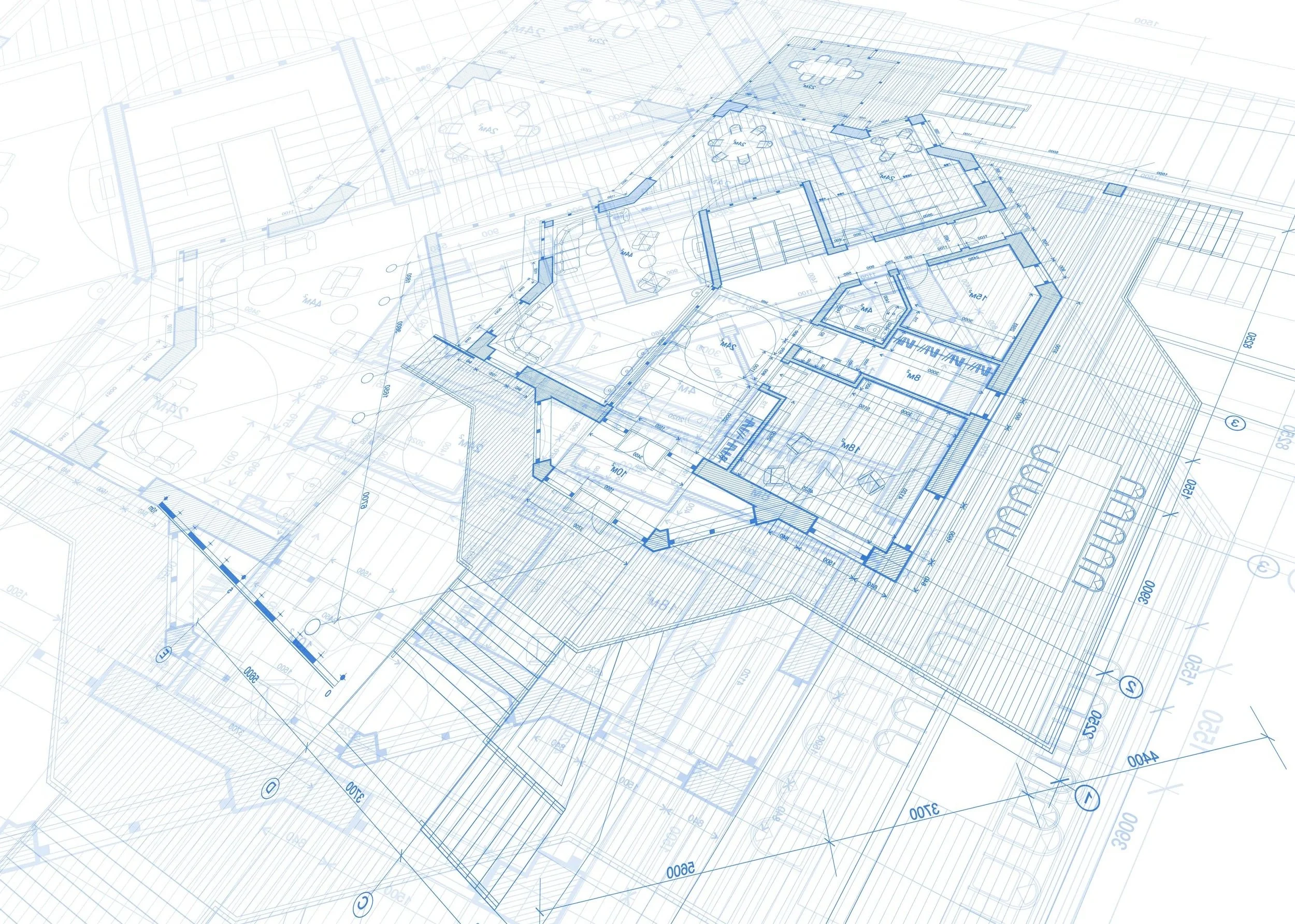 Architectural blueprint of a house showing detailed floor plans, rooms, staircases, and outdoor areas in blue lines.