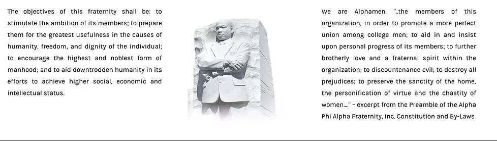 Text from a document discussing fraternity objectives and organization, with a black-and-white photo of Dr. Martin Luther King Jr. standing with crossed arms.