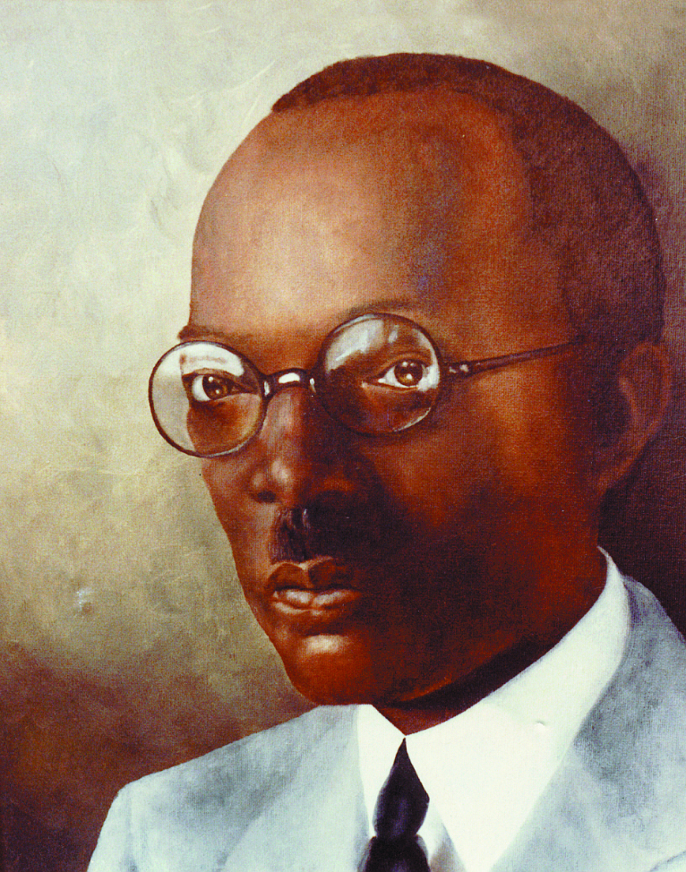 A painted portrait of a man with dark skin wearing glasses, a light-colored suit, white shirt, and black tie, with a serious expression.