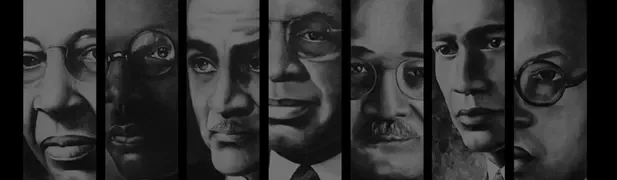 Close-up black and white images of multiple men's faces, some wearing glasses, arranged side by side.