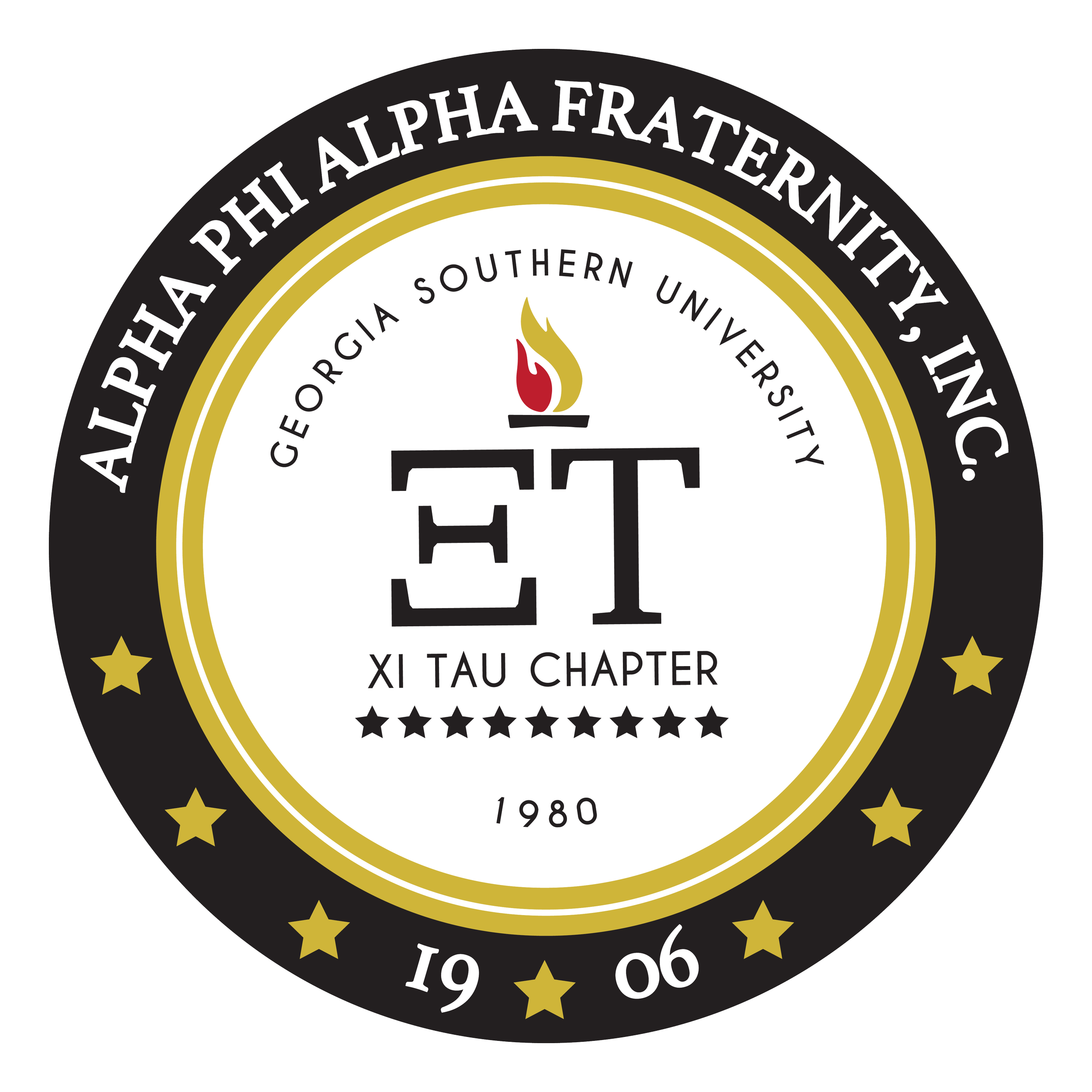 Police badge or emblem with the text 'Delta Chi Alpha Chapter' and 'Xī Tǎu Chapter,' featuring a central torch and star decorations, celebrating 40 years from 1980 to 2020.