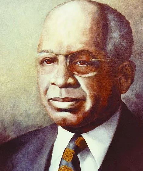 A painted portrait of a man with glasses, wearing a suit and tie.