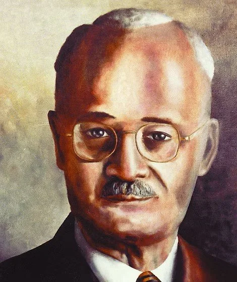 Painted portrait of an older man with glasses, a mustache, and short gray hair, wearing a dark suit and tie.