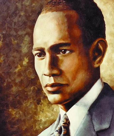 Painting of a man with a serious expression, wearing a suit and tie, with a neutral background.
