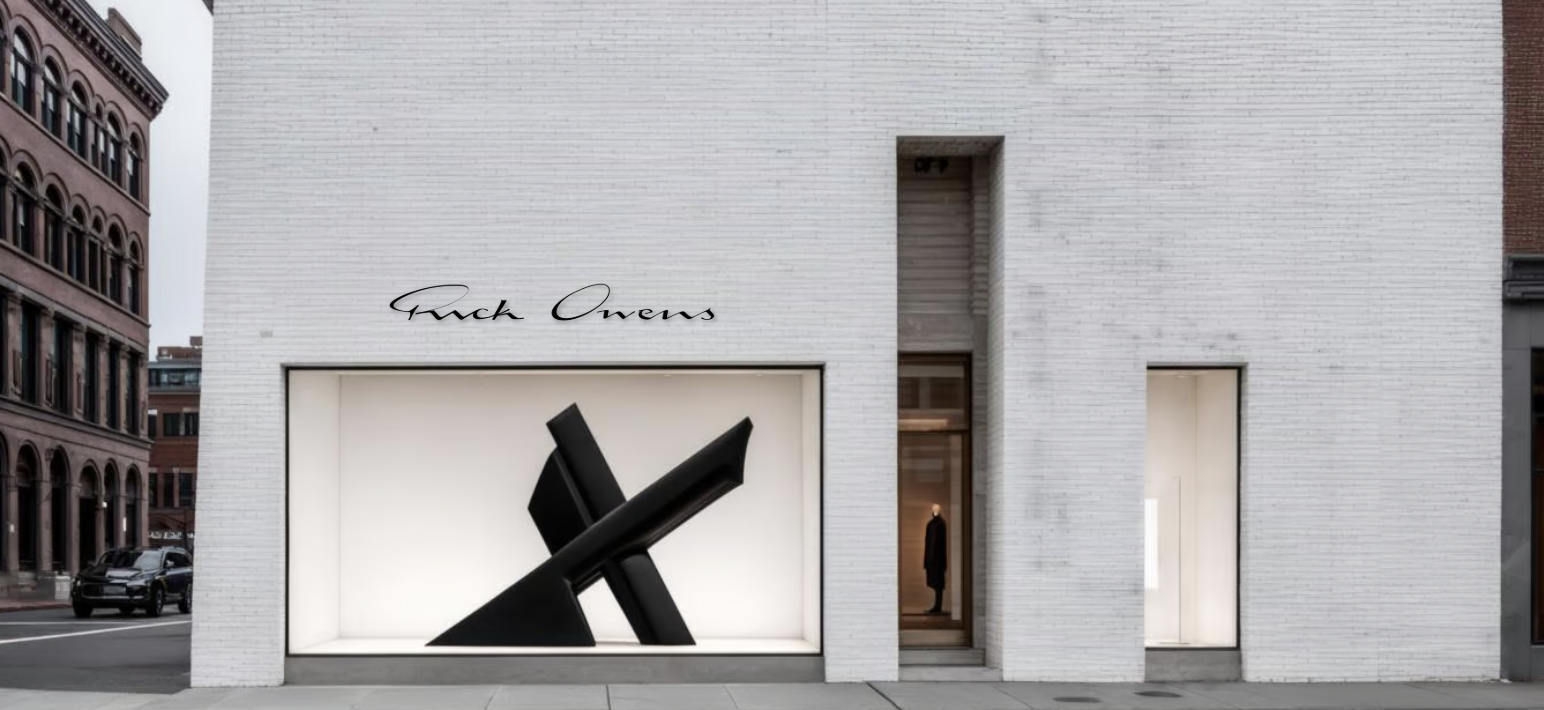 Front of a modern white brick building with a large black abstract sculpture in the storefront window, and the name 'Buck Owens' written above.