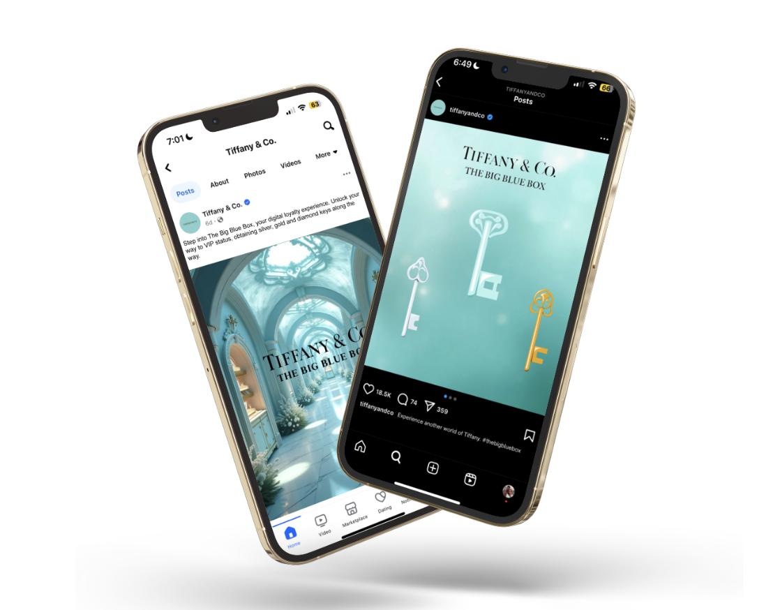Two smartphones displaying Tiffany & Co. social media pages with images related to jewelry and a blue box theme.