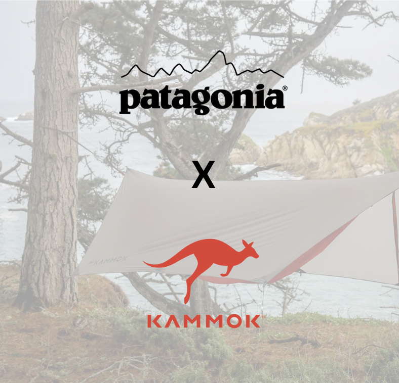 Patagonia and Kammok logo over a camping scene with a tent and trees by a body of water.