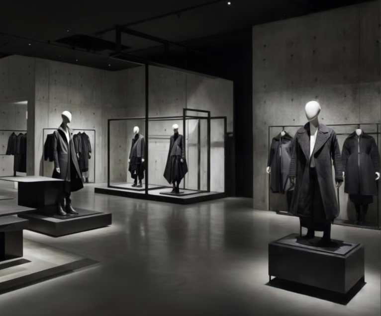 Mannequins display dark-colored women's coats and dresses in a minimalist clothing store with concrete walls and black display platforms.