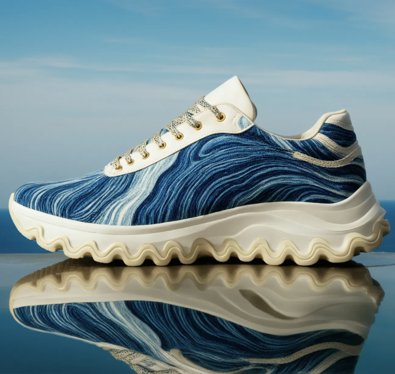 A sneaker with a swirling blue and white pattern, white laces, and a wavy white sole, placed on a reflective surface against a sky background.