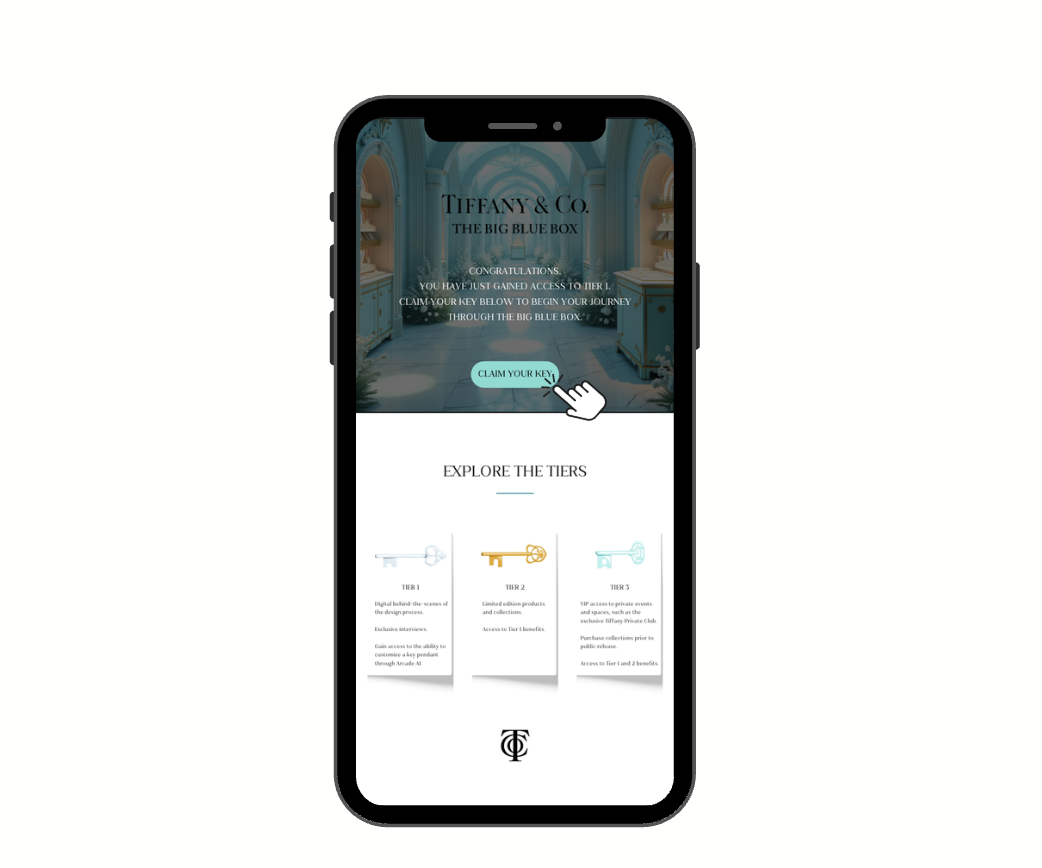 Mobile screen showing a Tiffany & Co. digital interface with a blue-themed room background, a hand cursor clicking the 'Claim Your Key' button, and tiers of membership benefits below.