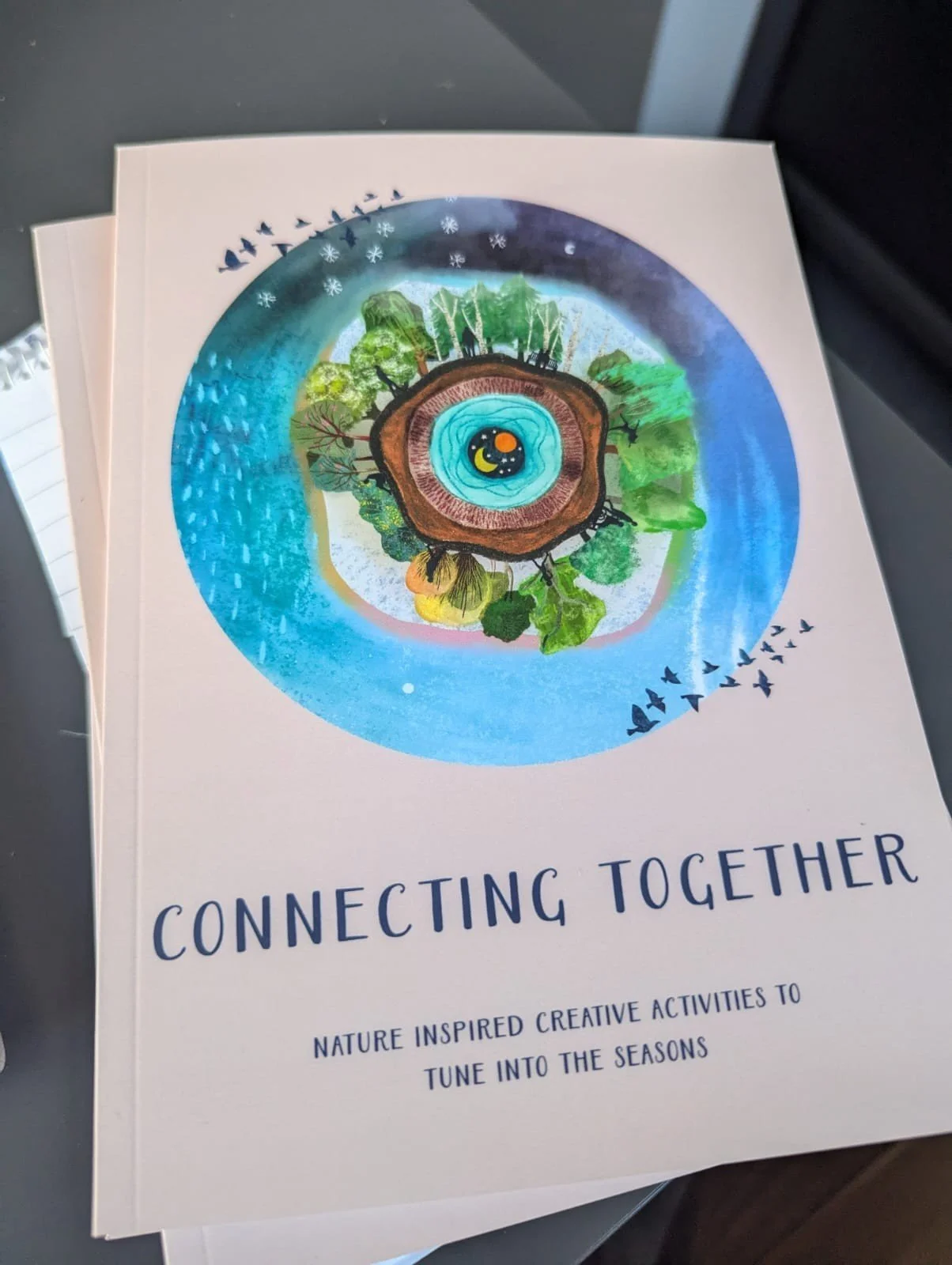 Connecting Together book cover featuring a circular nature illustration with trees, seasons, and birds, on a pale pink background.