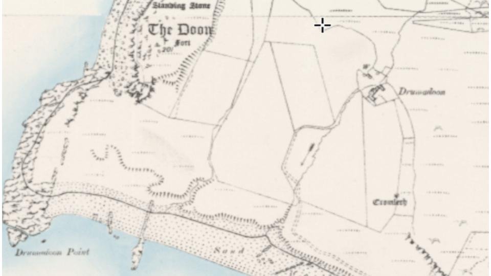 Historical map of the Isle of Arran showing The Doon fort, standing stone and Drumodoon Point, courtesy National Library of Scotland.