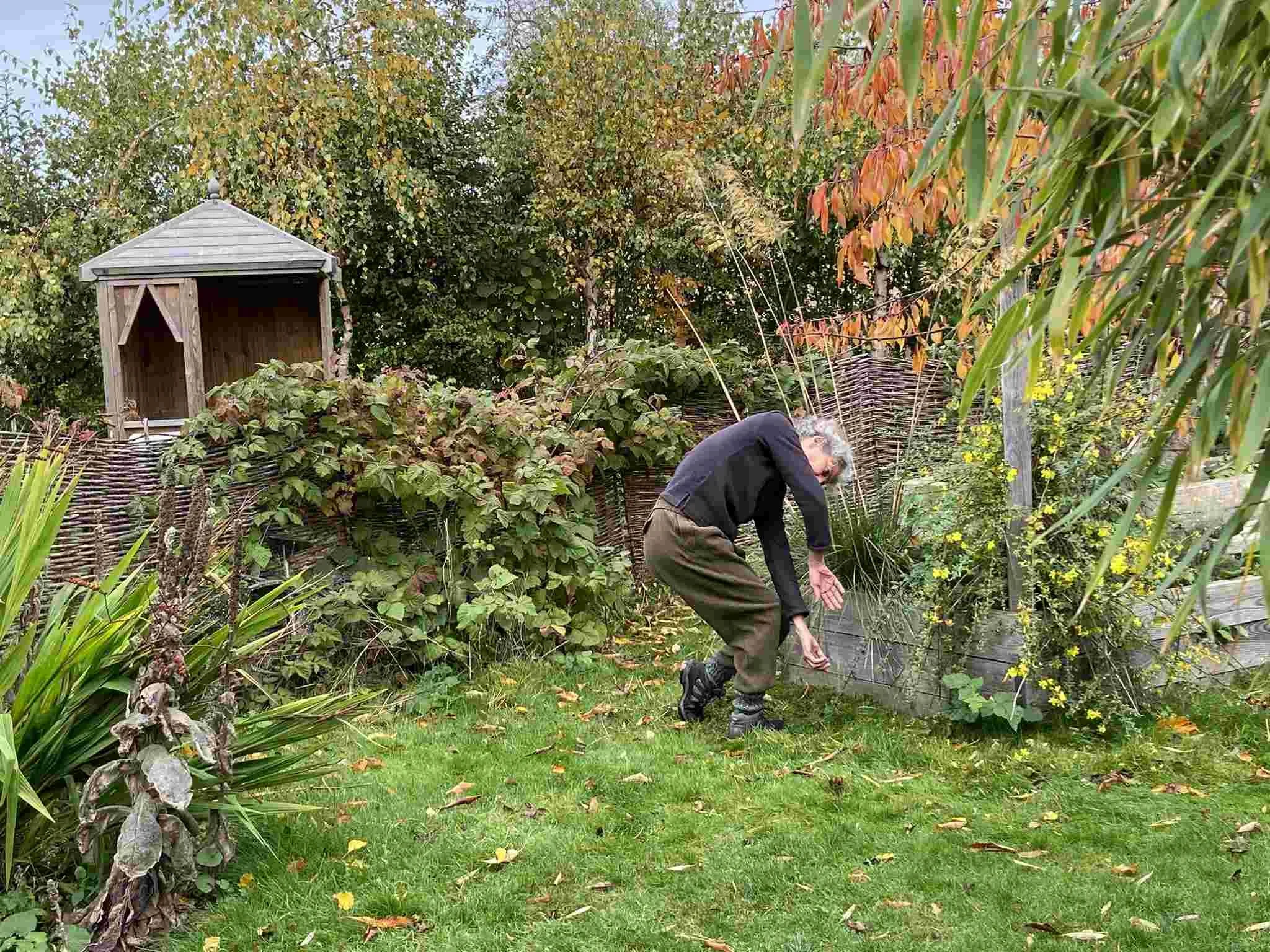 Performer in black makes a deep sweeping movement in an autumn garden beside a wattle fence, with a timber gazebo visible behind in the Garden Series.