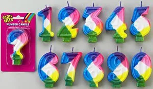 Ten colorful number candles from 1 to 10 arranged in two rows on a green background, with a pink box containing a question mark candle on the left.