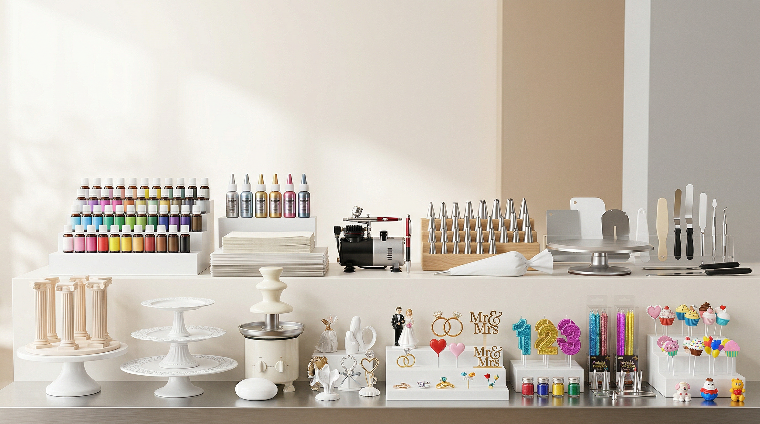 A collection of cake decorating supplies including airbrush bottles, piping gels, cake decorating tools, number candles, cake stands, and miniature figurines and toppers for wedding and birthday cakes.