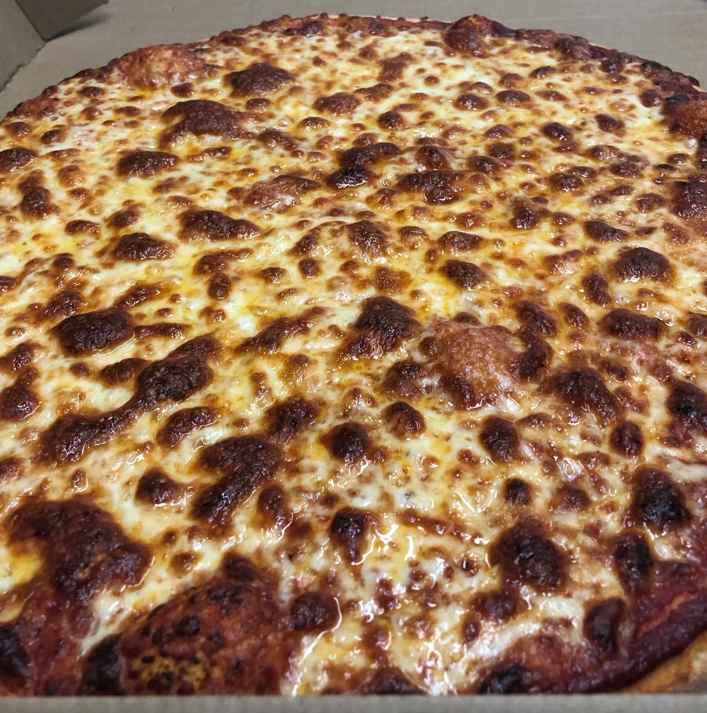 Close-up view of a large cheese pizza with a crispy, browned crust, melted cheese, and evenly distributed pepperoni slices.