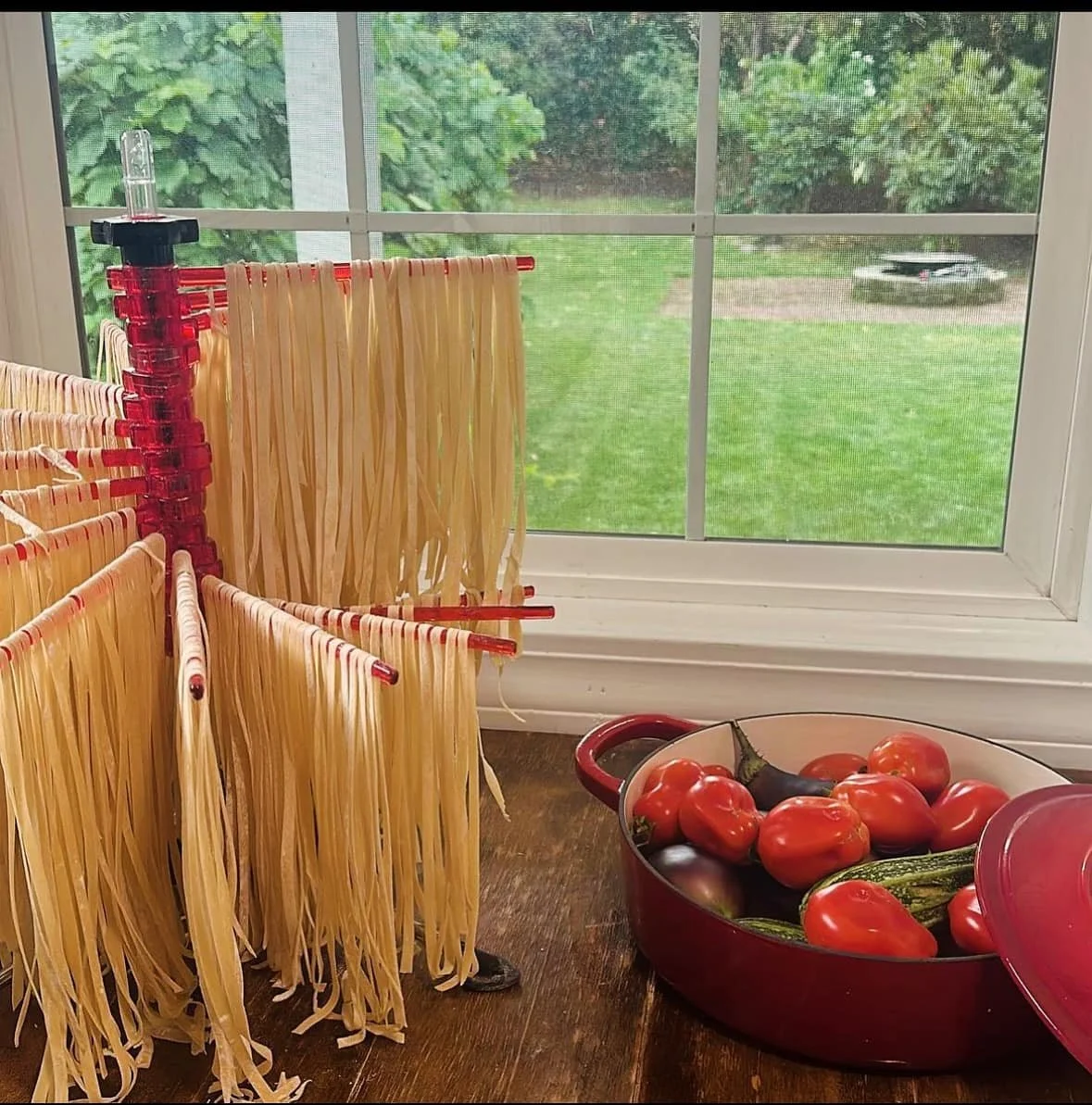 A drying rack with fresh homemade pasta hung to dry next to a bowl of ripe tomatoes and eggplants. Outside the window, a lush green lawn and trees are visible.