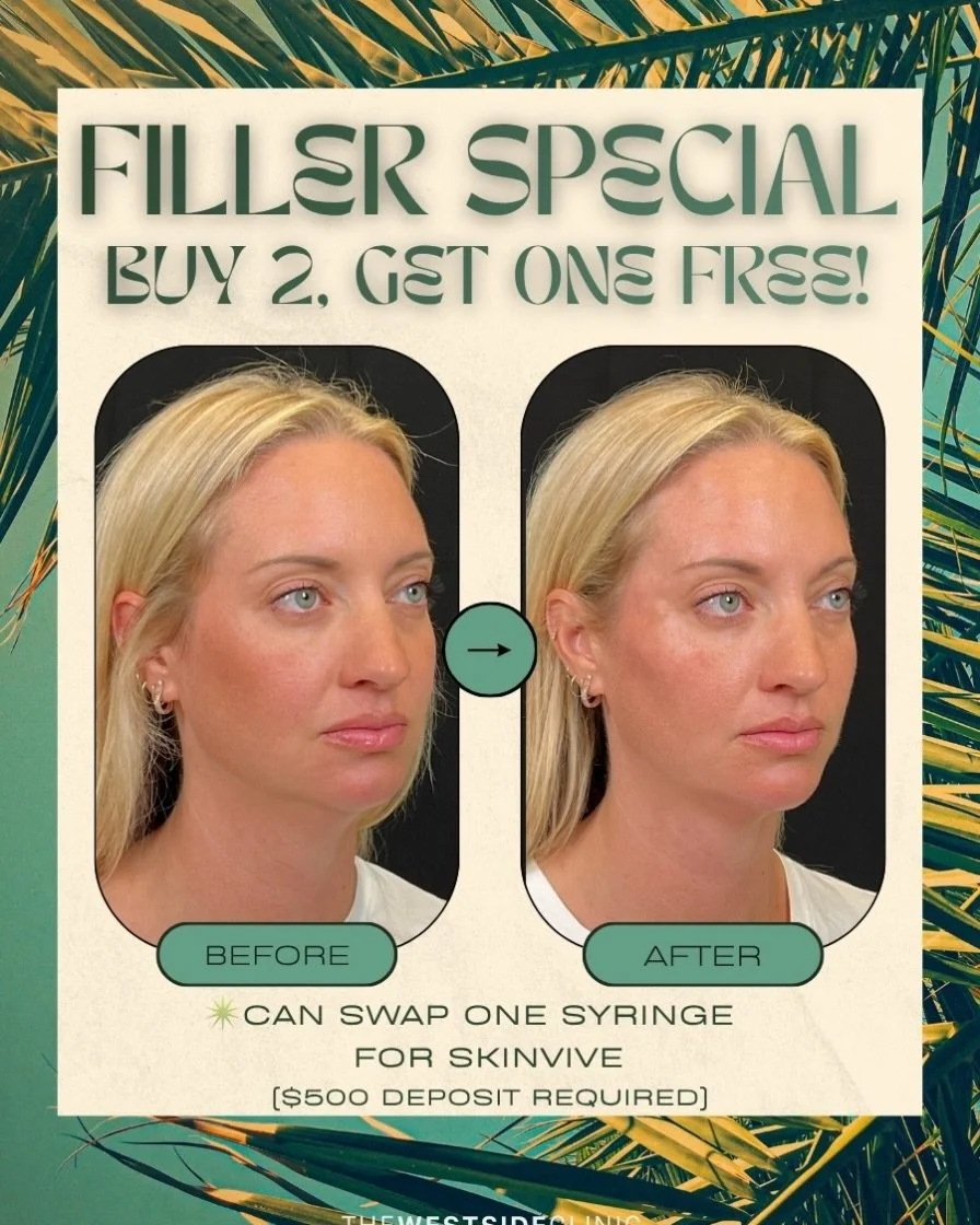Filler Special!💉
Buy 2 syringes, get 1 FREE💉
Can swap out 1 syringe for box of Skinvive

Restrictions apply:
⚡️$500 deposit required at purchase
⚡️All syringes must be used in the same visit
⚡️Max two per patient
⚡️Discounted gift cards can&rsquo;t