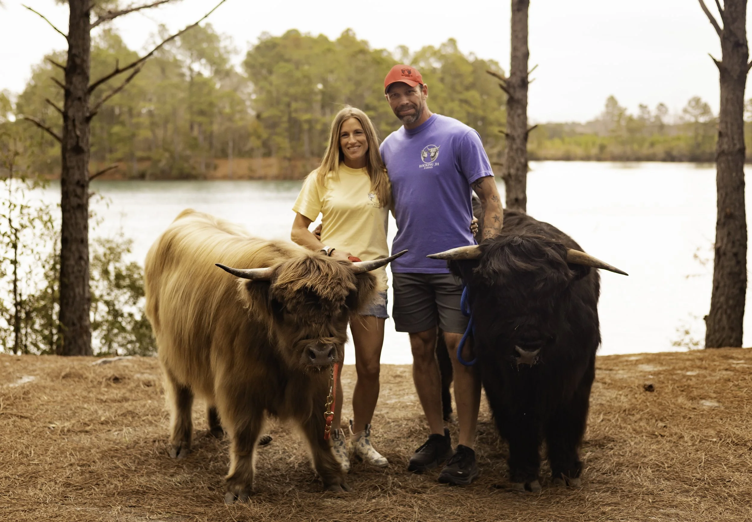 A man and woman standing outdoors among trees with two Highland cattle, by a lake, during daytime, smiling at the camera.