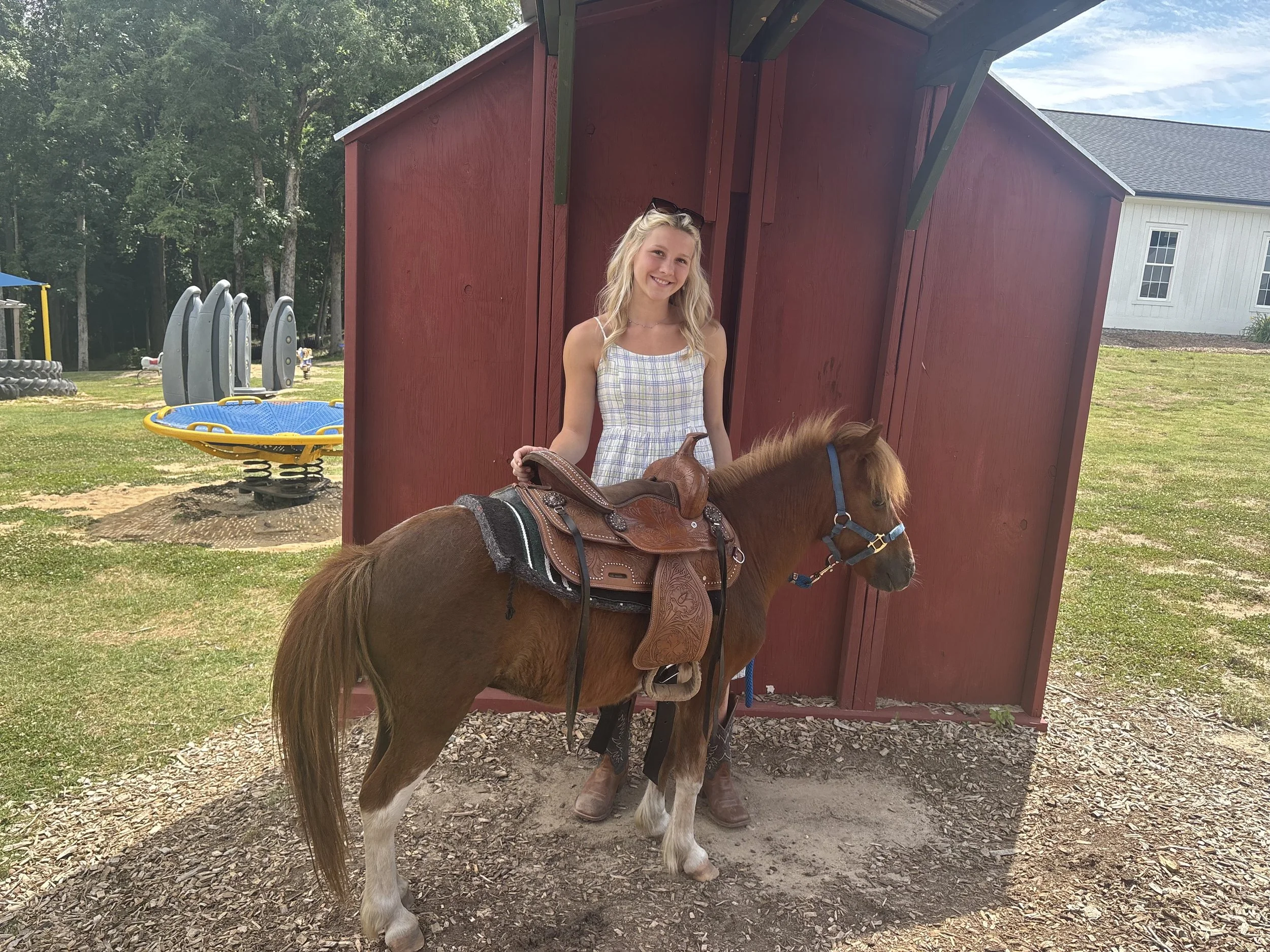 A young girl riding a brown horse with a saddle, standing in front of a red wooden structure in an outdoor park or playground area, with trees and playground equipment visible in the background.