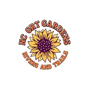 Logo of NC Crit Gardens featuring a sunflower with yellow petals and a dark center, surrounded by text that reads "NC Crit Gardens" and "Rivers and Trails" in a circular arrangement.