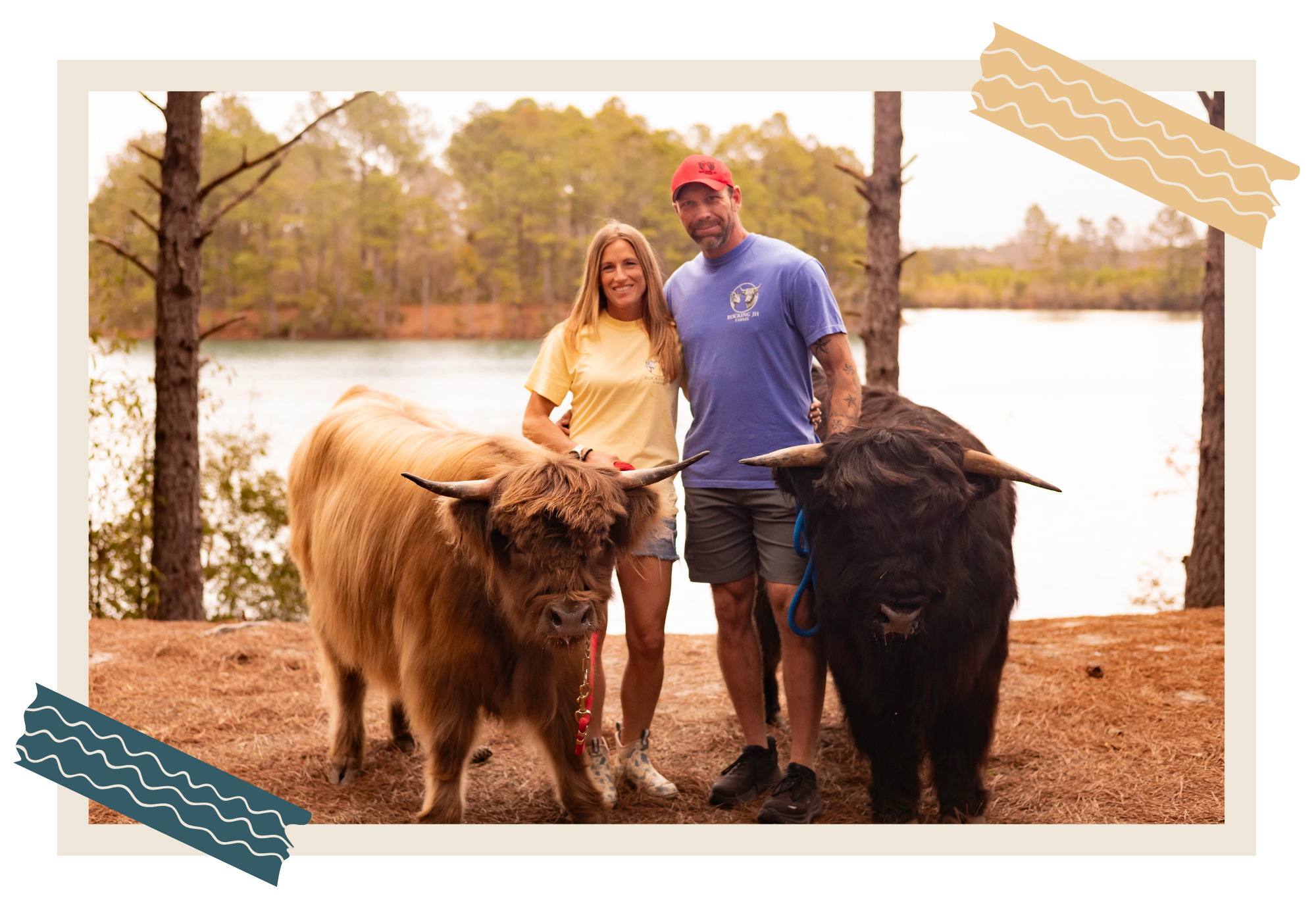 Two people standing outdoors near a lake with green trees in the background, holding the heads of two large Highland cows with long horns. The woman wears a yellow T-shirt, and the man wears a blue T-shirt and a red cap.