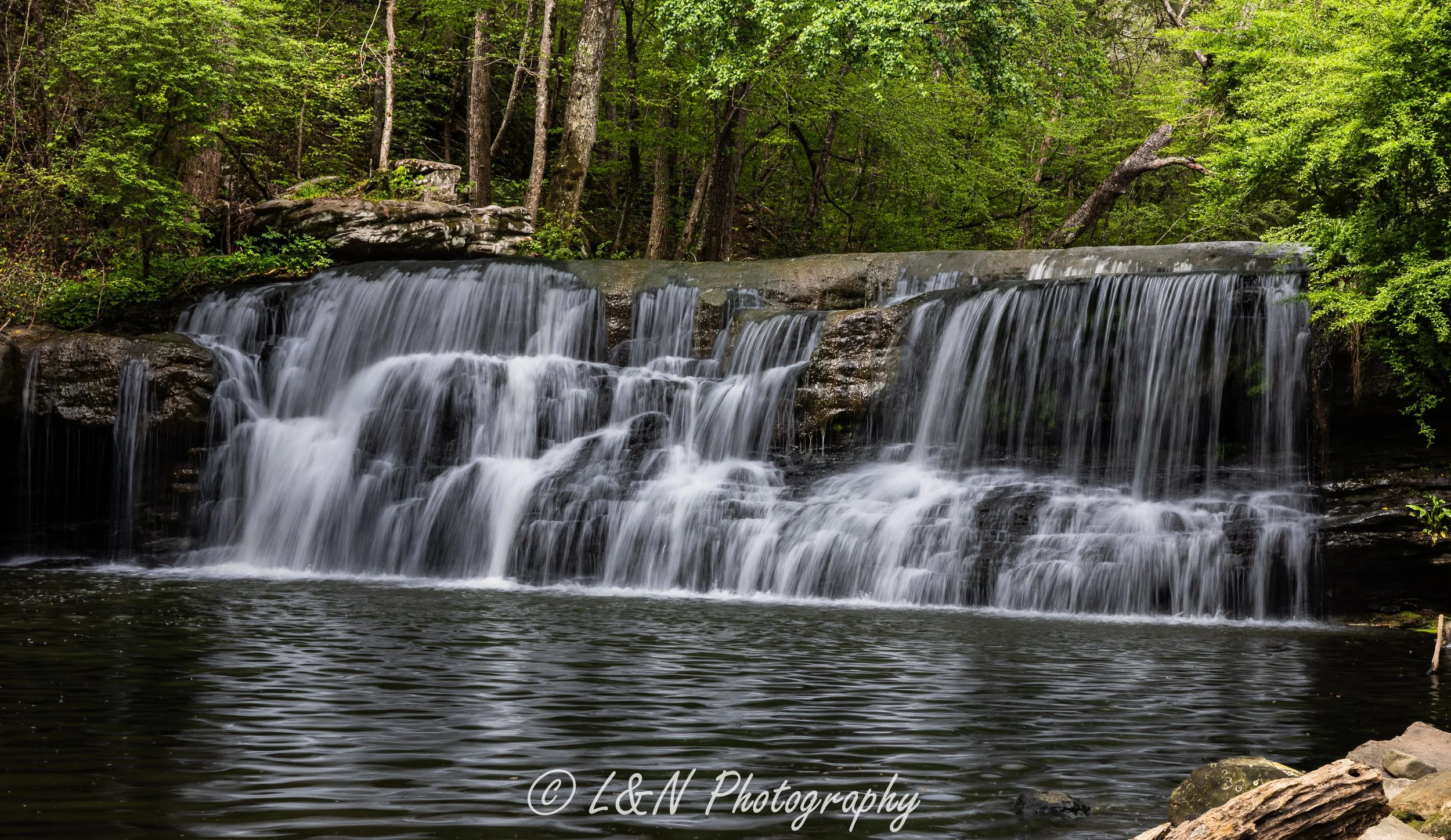 A small waterfall cascading over rocks in a lush green forest.