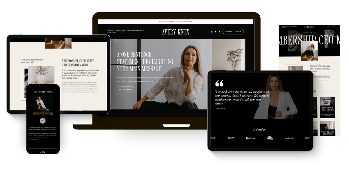 Multiple digital screens and a smartphone displaying a personal branding website for Avery Knox, featuring images of a woman, quotes, and information about her services.