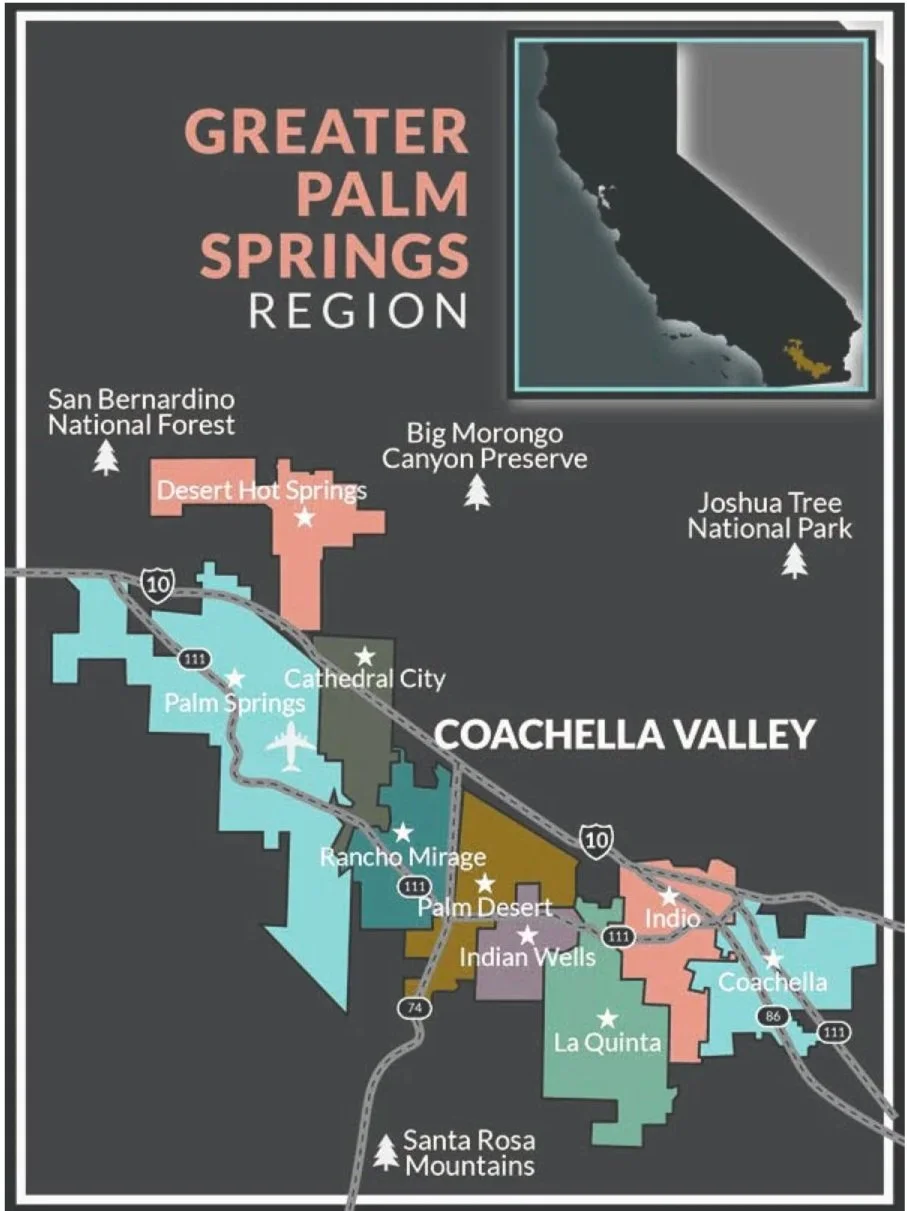 Map of the Greater Palm Springs region in California, highlighting cities, parks, and preserves including Desert Hot Springs, Palm Springs, Cathedral City, Rancho Mirage, Palm Desert, Indian Wells, La Quinta, and Coachella, with nearby national parks and forests.