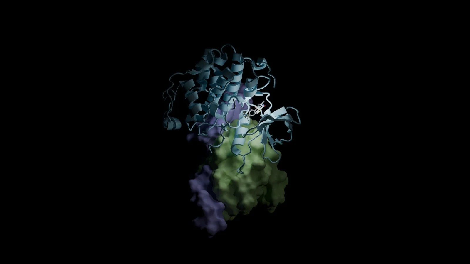 A 3D model of a protein structure with ribbon visualization in blue, purple, and green colors on a black background.