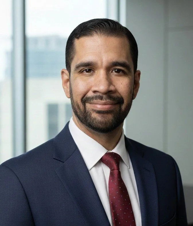 Professional man in a navy suit and red tie smiling in front of a window with a city view.