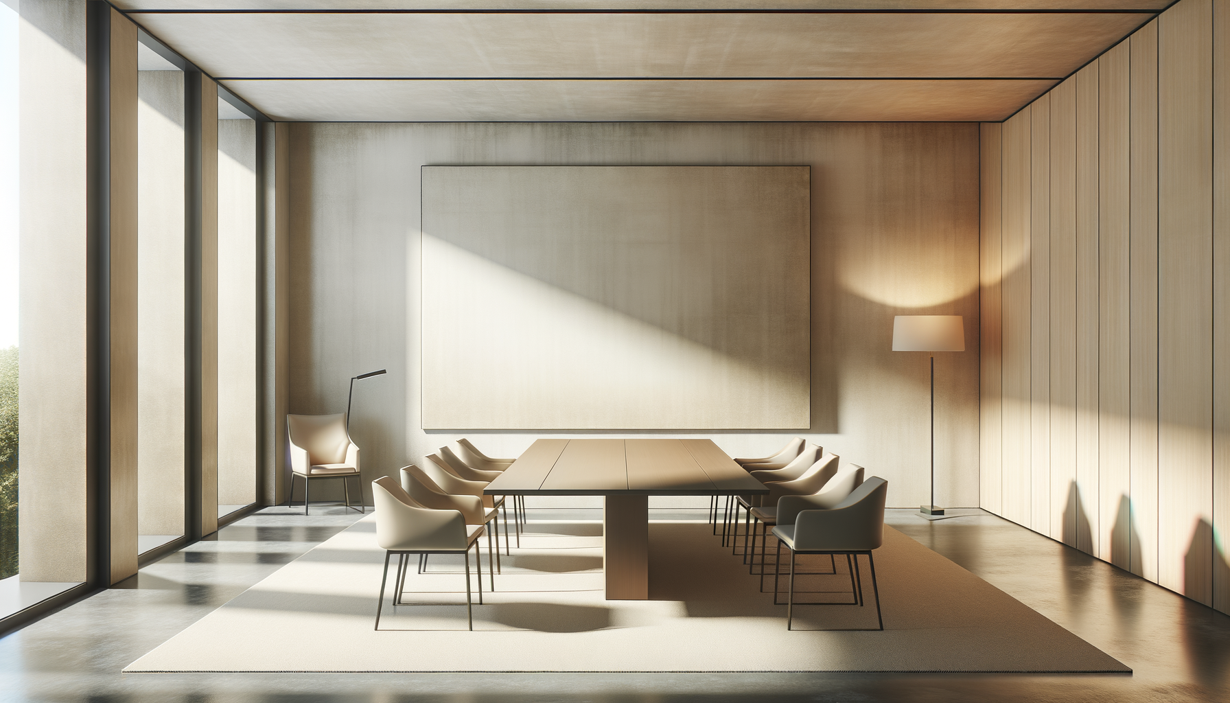 Modern conference room with large wooden table, white chairs, floor lamp, and a large blank wall, with sunlight streaming in through tall windows.
