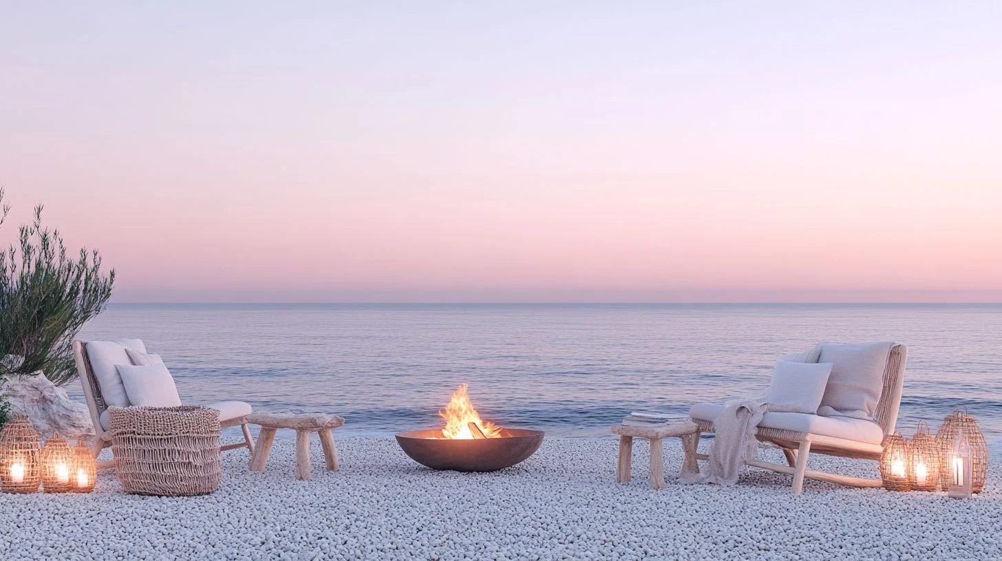 Seaside outdoor lounge with two white cushioned chairs, a small wooden stool, woven basket, and lanterns on pebbled ground, with a fire pit and ocean in the background during twilight.