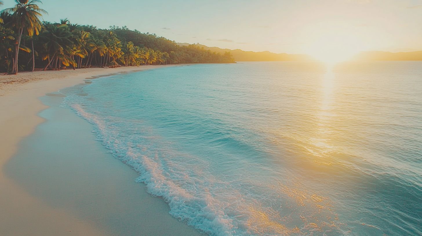 Sunset at a tropical beach with palm trees, white sand, and calm blue water.