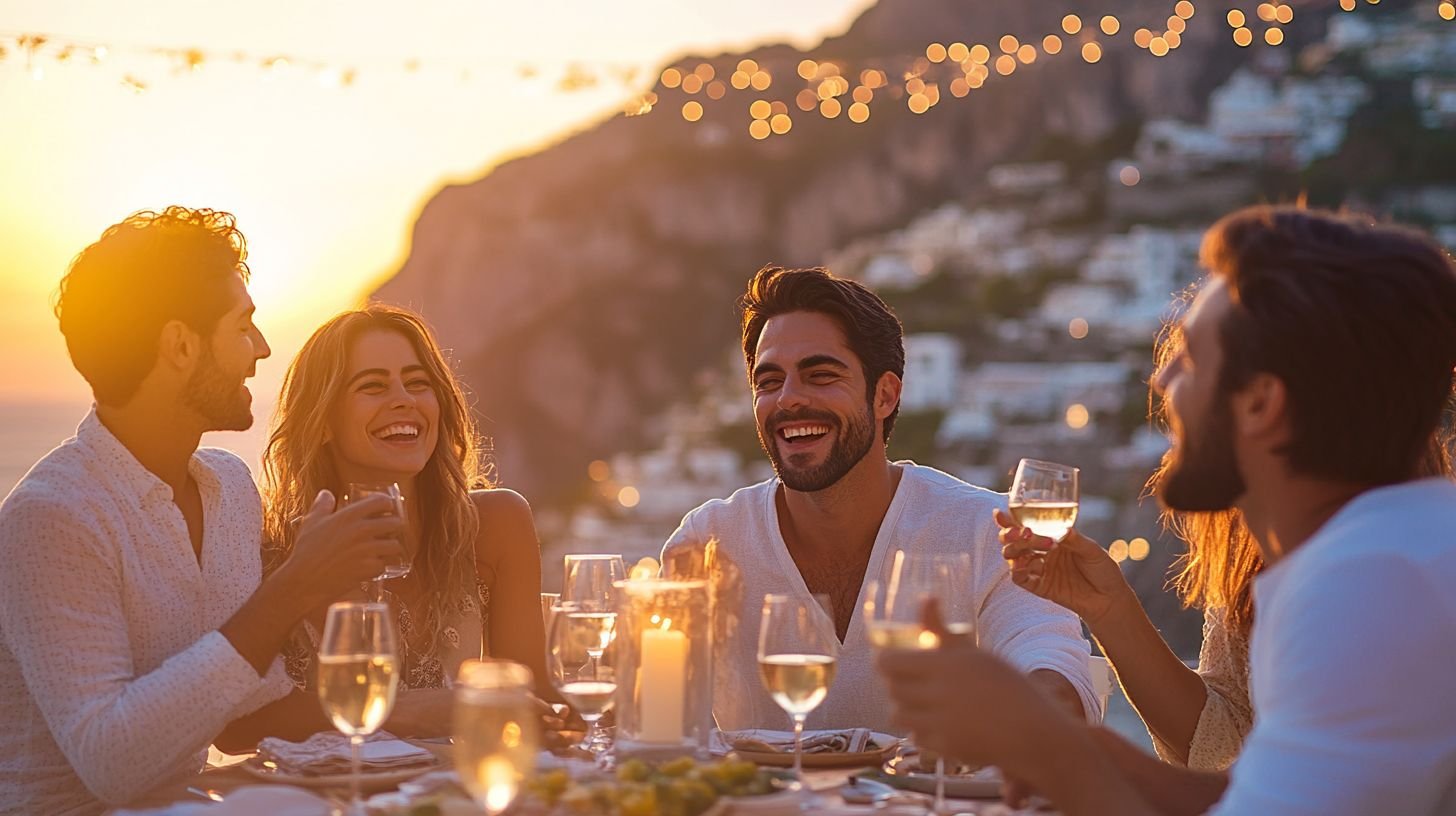 Group of five friends enjoying dinner outdoors during sunset, holding glasses of white wine, with a scenic hillside and coastal town in the background.
