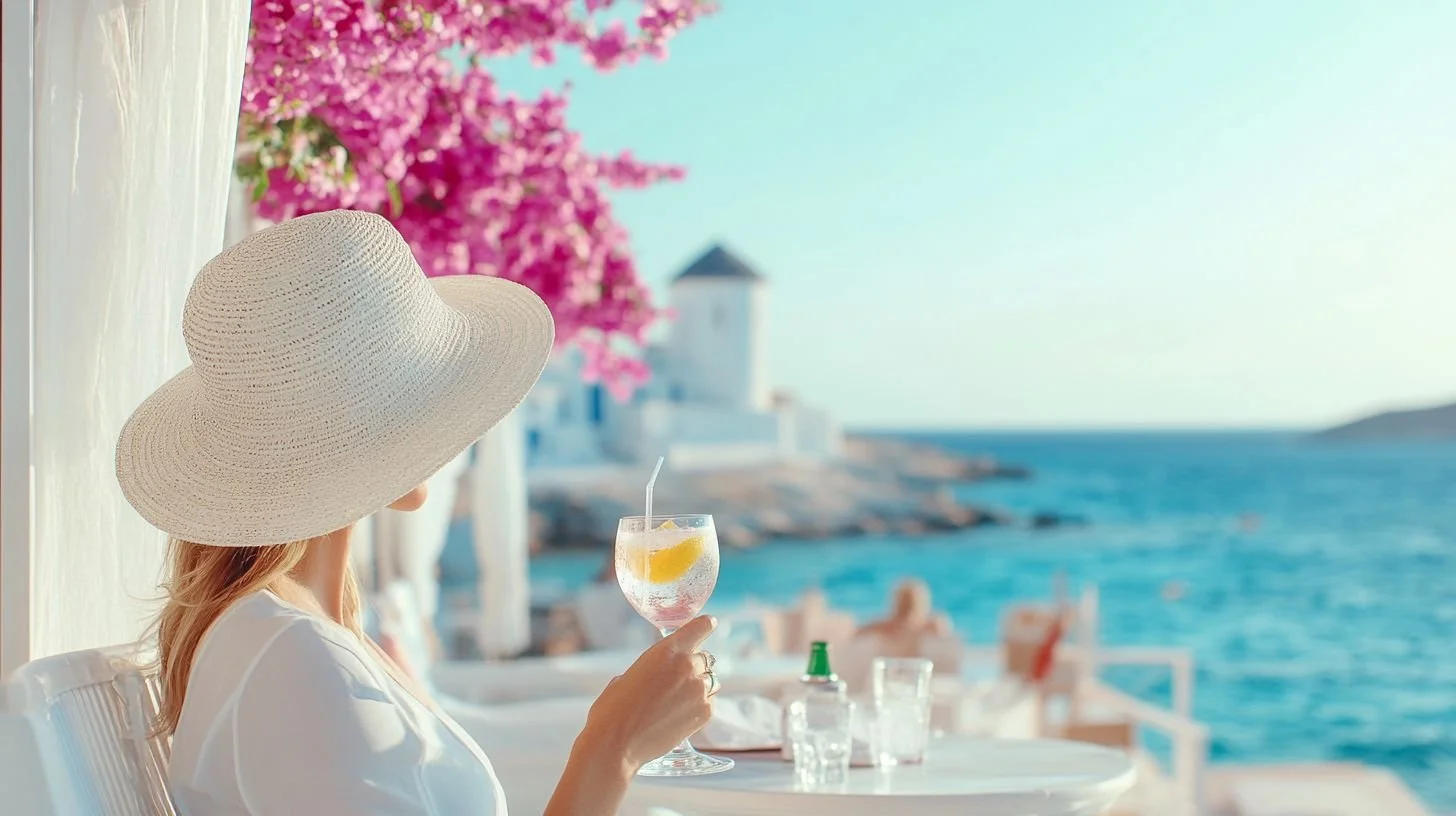 A woman wearing a wide-brimmed straw hat sitting outdoors by the sea, holding a glass of a citrus cocktail with ice and a straw, pink flowers in the background, and a white building visible by the water.
