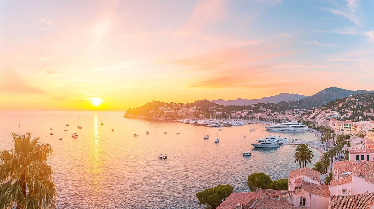Sunset over a harbor with boats, surrounded by hilly terrain, palm trees, and buildings with red-tiled roofs.