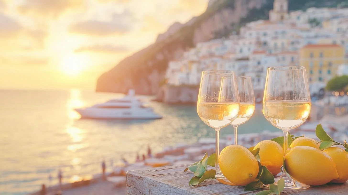 Three glasses of white wine on a table with lemons and leaves in front of a sunset over a coastal town with a boat in the water.
