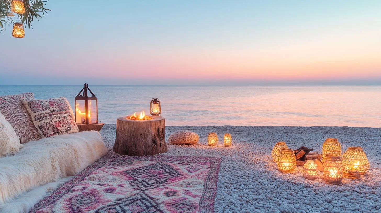 Beachside lounge setup with cushions, lanterns, and candles at dusk, overlooking calm ocean.