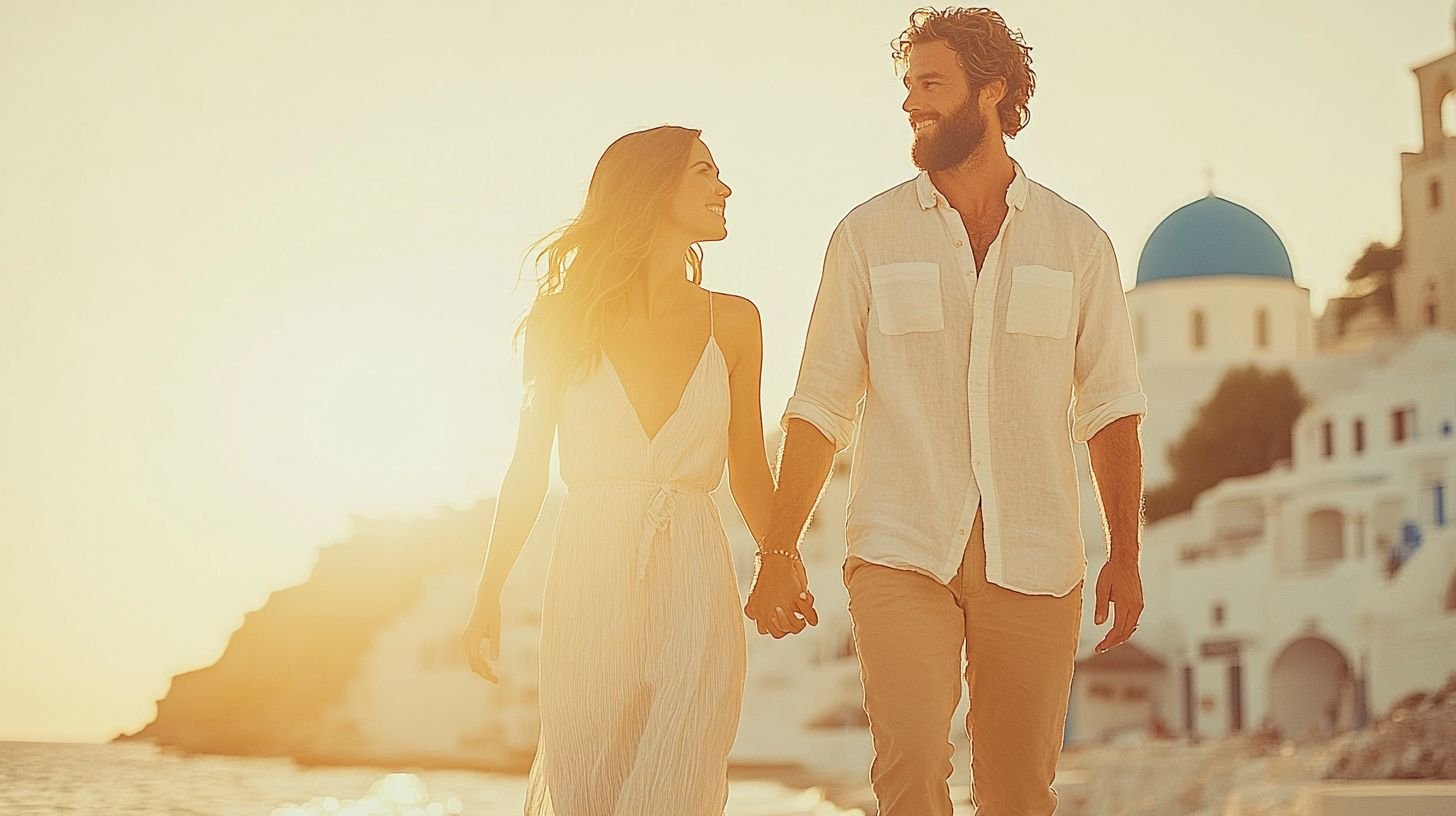 A young couple walking hand-in-hand along a seaside during sunset, with white buildings and a blue-domed church in the background.