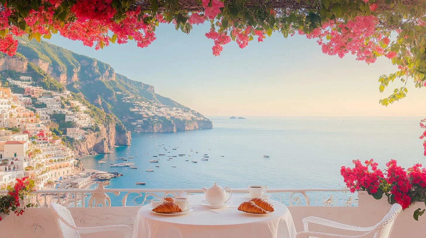 A scenic seaside balcony view with pink flowering plants overhead and on the side, a white table set for breakfast with a teapot, cups, and croissants, overlooking a calm blue sea and a coastal town built into the cliffs.