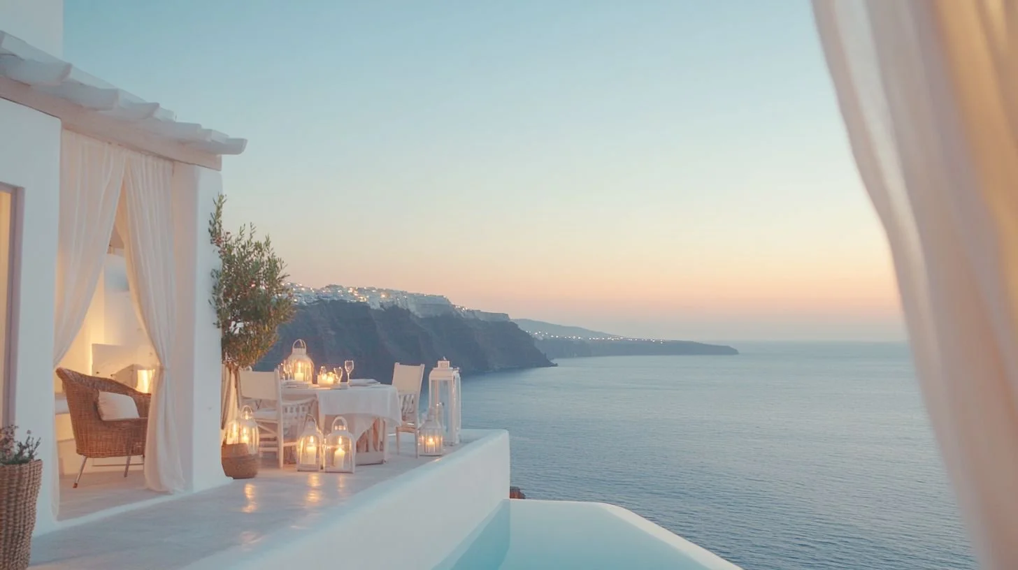 A serene outdoor dining area on a terrace overlooking the ocean at sunset, with candles, lanterns, and white furnishings.